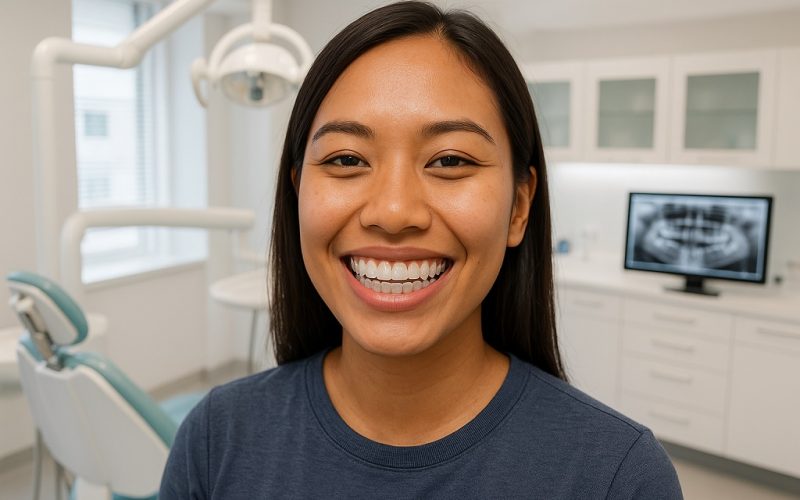 Patient smiling with Angel Aligner clear braces at Malaysian dental clinic showing invisible orthodontic treatment