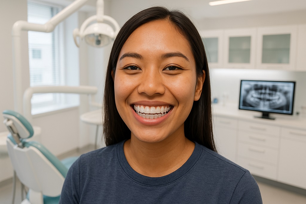 Patient smiling with Angel Aligner clear braces at Malaysian dental clinic showing invisible orthodontic treatment